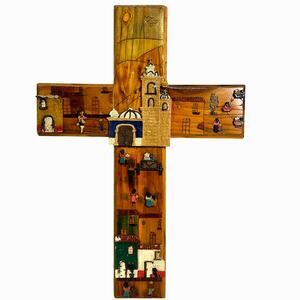 Folk Art Hand Painted 3-D Wood Cross Village Scene 20” x 14”